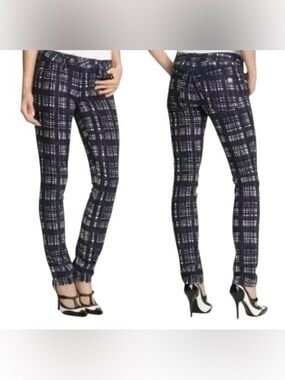 Tory Burch Corner Tab Front Skinny Pants Size 27 Navy Plaid Print